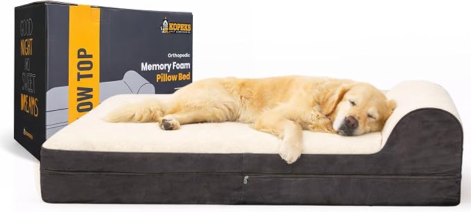 Jumbo Orthopedic Dog Bed - 7-inch Thick Memory Foam Pet Bed with Pillow with Removable Cover & Free Waterproof Liner - for Large Breed Dogs, XL, Brown-Plush Top