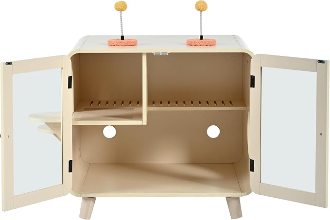 TV-Style Cat Cabinet with Side Steps, Litter Walkway, Dual Glass Doors, RGB Ambient Lighting, Interactive Pom-Pom Toys, Indoor Cat House Side Table, MDF & Glass Construction, Beige