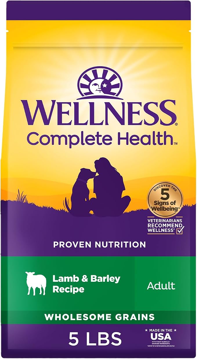 Wellness Complete Health Adult Dry Dog Food, Wholesome Grain Kibble, Natural, Lamb and Barley Recipe, 5 lb Bag