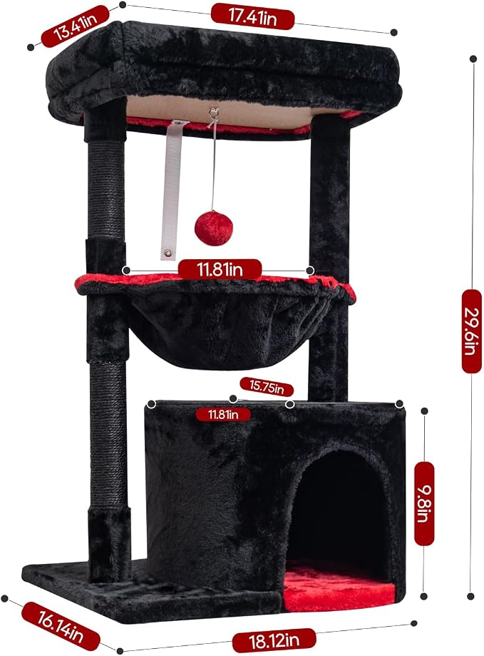 SYANDLVY Gothic Cat Tree with Coffin Bed for Indoor Cats, Modern House | Small Activity Tower with Scratching Post, Condo & Cradle, Kittens Cave, Black & Red