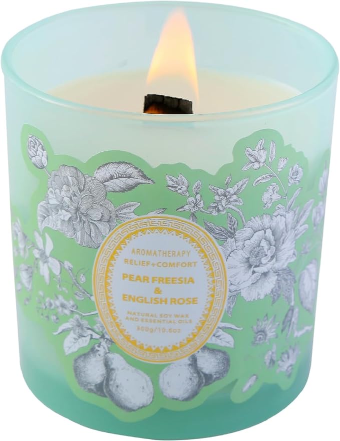 Pear Freesia English Rose Candle | 10.6oz Wood Wick Soy Scented Candle for Home | Relaxing Floral Garden Aromatherapy Candle | Long Lasting Clean Burn | Housewarming Gift for Women & Men