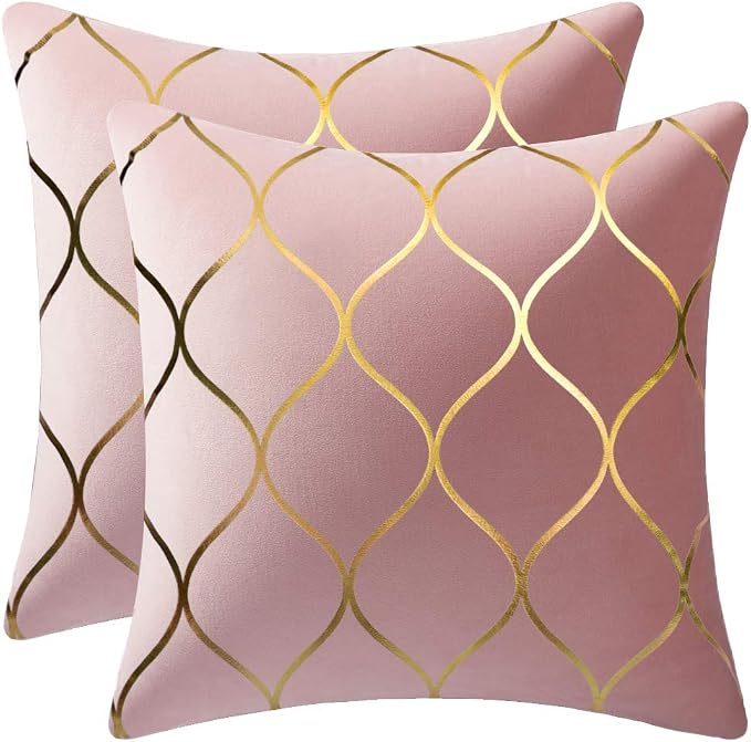 Gold Velvet Throw Pillow Covers: 2 Pack 16x16 Inch Square Decorative Pillow Cases for Bedroom Sofa Couch Living Room, Pink