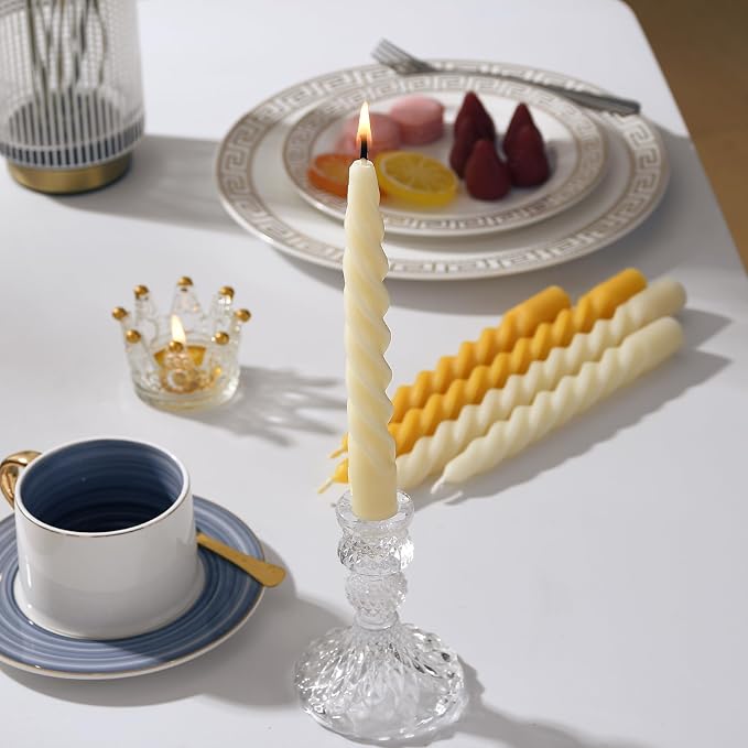 16PCS 7-Inch Pure Beeswax Spiral Taper Candles, Twisted Stick Candles, Dripless & Unscented for Weddings, Christmas, Dinner, Meditation - White