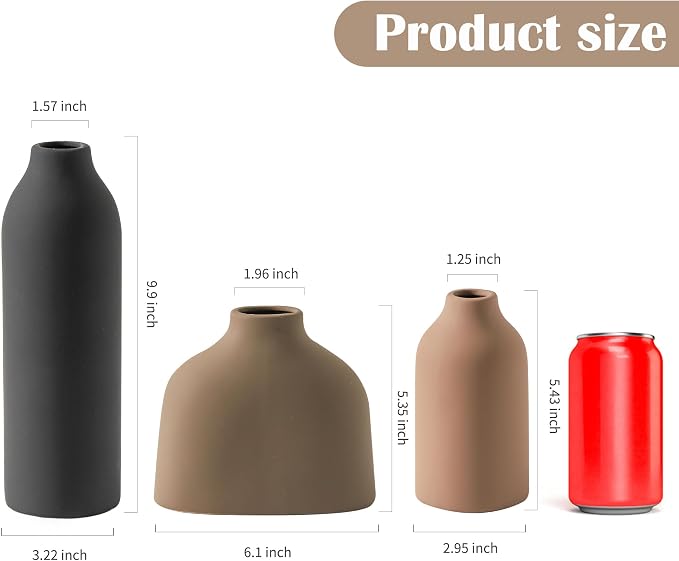 Enra Modern Ceramic Vase Set of 3, Minimalist Pottery Vases for Home Decor | 3-piece matte pottery accents in varied sizes, perfect for shelves, tables, mantels, dried flowers and pampas grass styling.