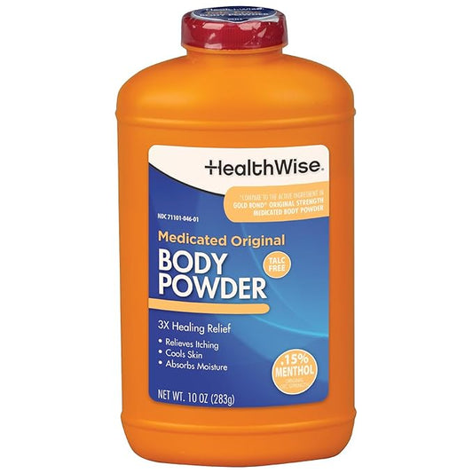 HealthWise Medicated Body Powder | .15% Menthol | Talc Free | Anti-Itch Healing Relief | Cools Skin | Absorbs Moisture | 10 oz (283g)