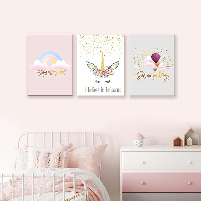 Colorful Unicorn Wall Art for Girls Bedroom Pink Unicorn Poster Pictures 3 pcs Motivational Rainbow Hot Air Balloon Cartoon Unicorns Paintings for Teen Girl Women Nursery Bathroom Decor 16"x24"