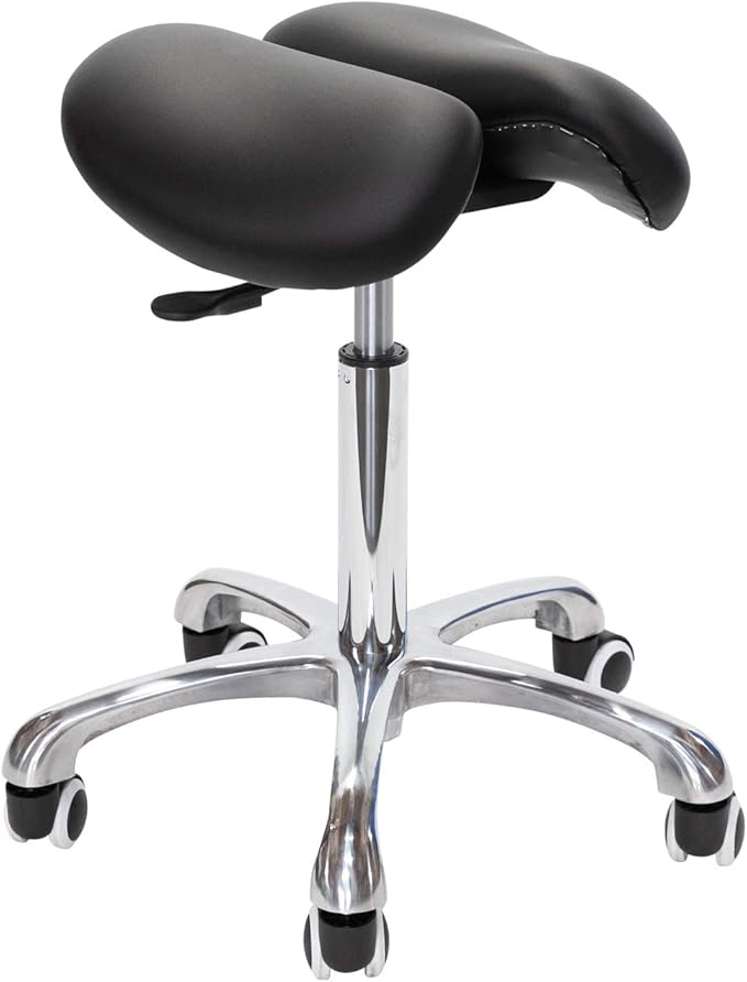 Saddle Stool with Wheels Rolling Chair - Ergonomic Split Seat Design, 360° Swivel Mobility, and Heavy Duty Adjustable Height - Professional Salon, Massage & Esthetician Spa Stool - (Black)