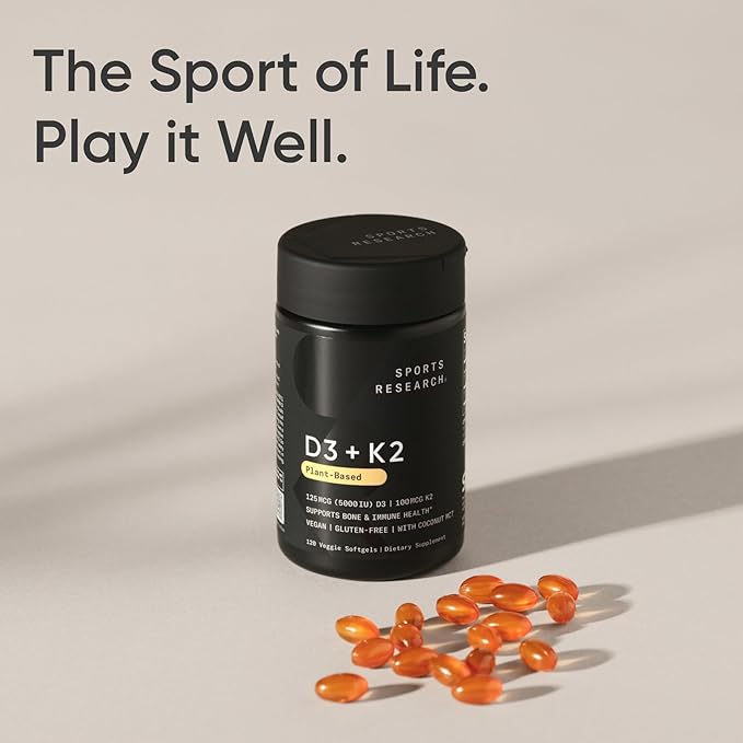 Sports Research® Vitamin D3 + K2 with 5000iu of Plant-Based D3 & 100mcg of Vitamin K2 as MK-7 | Non-GMO Verified & Vegan Certified (120ct)
