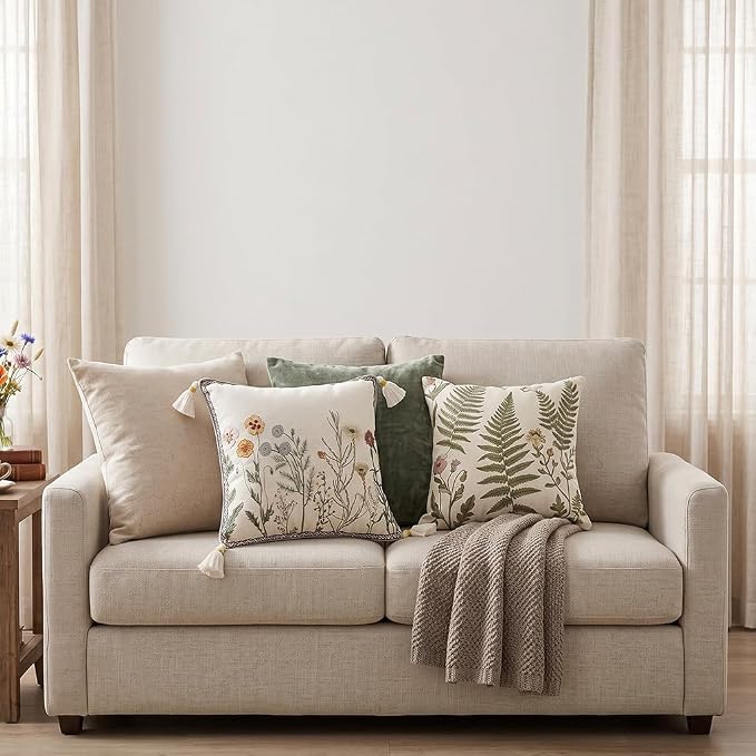 Designer Vintage Linen Throw Pillow Cover,18"x18"-Serenity D | French French Elegant Square Decor Pillow Cover,Concealed Zipper Design,Light Beige,Sofa,Bedroom,Living Room,Chairs