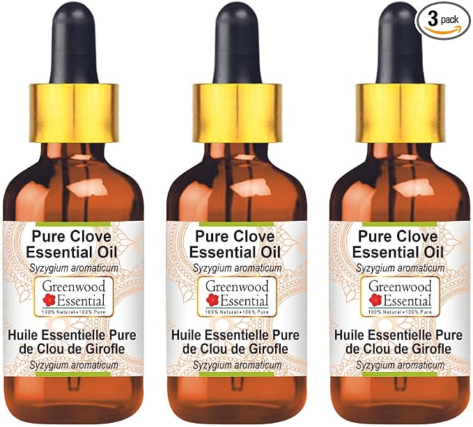 Greenwood Essential Pure Clove Essential Oil (Syzygium aromaticum) with Glass Dropper Steam Distilled (Pack of Three) 100ml X 3 (10.1oz)