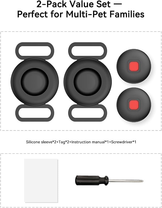 Dog Tracker Tag 2 Pack, Bluetooth Pet Tracker for Dogs with Collar Holder, Works with Apple Find My and Android Find Hub, Waterproof Anti-Lost Dog Tag Tracker for Collars