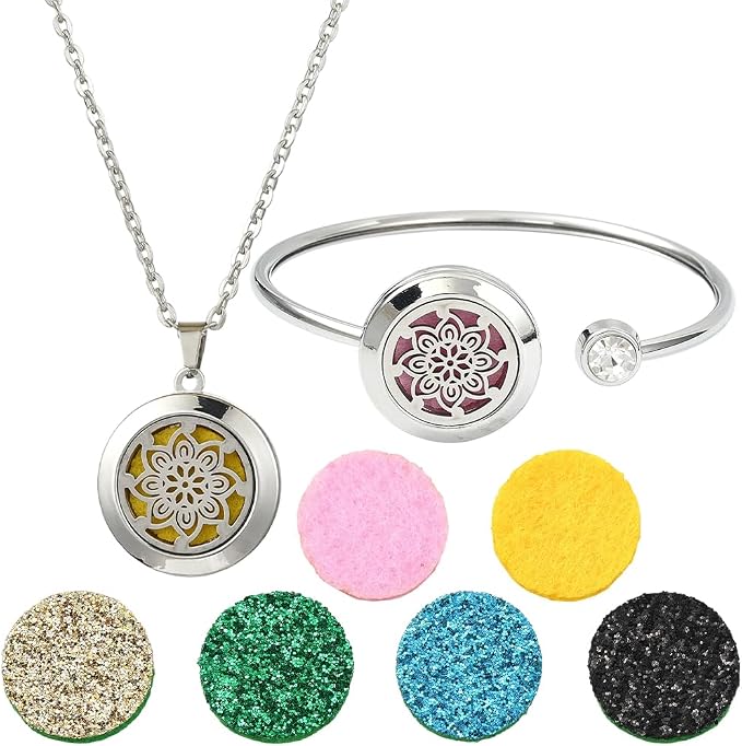 SUNNYCLUE 1Pc Essential Oil Diffuser Bracelet 1Pc Essential Oil Necklace with 10Pcs Refill Pads Flower Stainless Steel Necklaces Adjustable Cuff Bangles Aromatherapy Locket Bracelets for Women Gifts