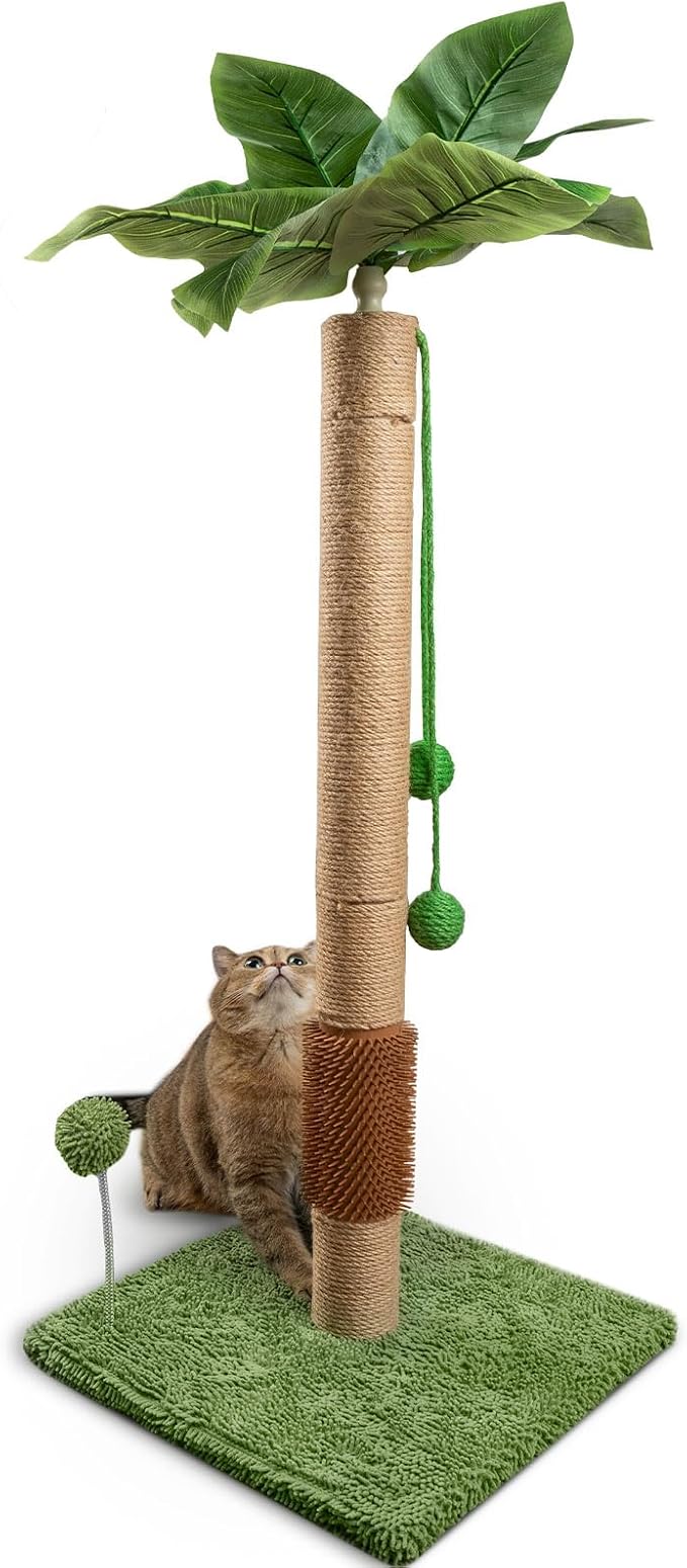 ANWA 35" Tall Simulated Cat Scratching Post with Self-Grooming Rubber Brush | Simulated Green Leaves, Natural Jute Cat Post, Scratch Post with Stable Base, Cat Furniture with Dangling Toys, Small Space