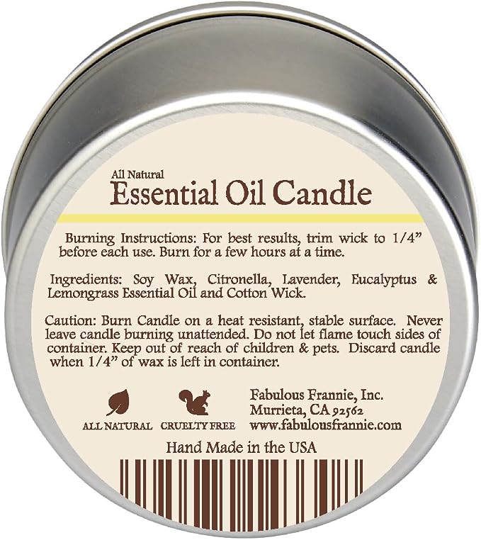 Fabulous Frannie Bug Away Travel Tin All Natural Soy Candle Made with Pure Essential Oils Lemongrass Citronella 6oz