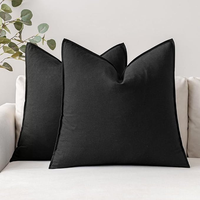 MIULEE Euro Shams Decorative Linen Pillow Covers 24x24 Inch Black | Pack of 2, Boho Farmhouse Modern Soft Accent Throw Pillows, Neutral Cushion Covers, Home Decor for Bed Sofa Couch Living Room