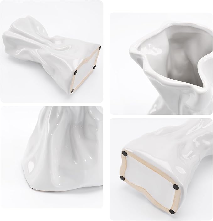 7.6 Inch Thick Crinkled Paper Bag Vase White Ceramic Vase for Home Decor, Unique Glossy Flower Vases for Dining Table, Shelves, Entryway, Living Room, Boho Decorative Vases for Flowers, Gift