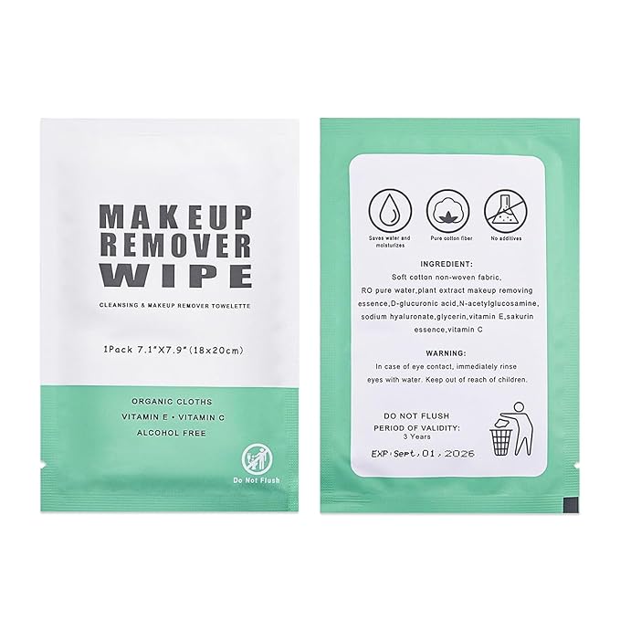 50 pcs Makeup Remover Wipes Individually Wrapped Makeup Wipes Bulk Face Cleansing Wipe, Travel Towelette Makeup Remover Cloth for Face Cleansing Skin Care Remove Makeup(Green)