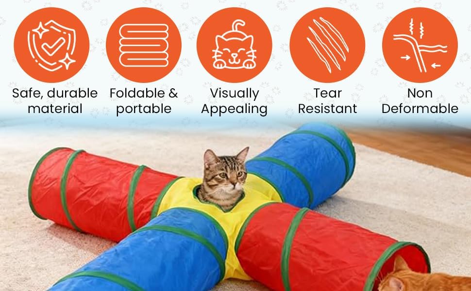 Cat Toys - 4-Way Tunnel for Indoor Cats with Peek Hole & 2 Mice - Large Foldable Rainbow Tube with Hanging Ball for Kittens, Rabbits, Small Dogs - Ideal Cat Toy