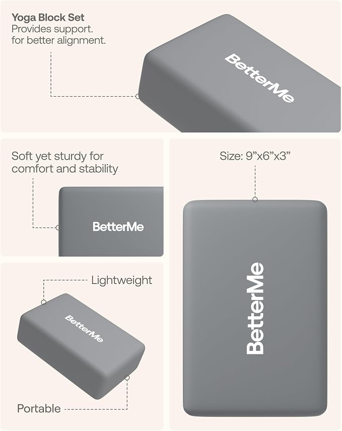 BetterMe Yoga Blocks Set of 2 – High Density Foam Yoga Blocks for Stretching, Pilates & Workouts – Lightweight Non-Slip Exercise Blocks for Flexibility & Balance