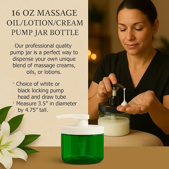 Royal Massage 16oz Refillable Pump Jar with Locking Dip Tube Dispenser – BPA-Free Plastic Container for Massage Oils, Lotions, Creams – Ribbed Lid Wide-Mouth Jar – Durable & Reusable (Clear/Black, 2)