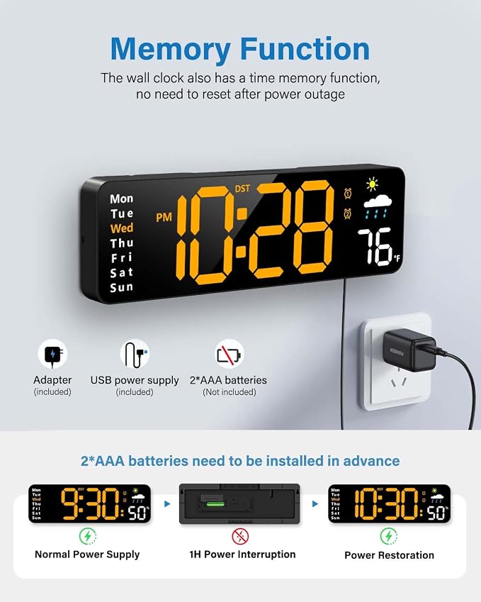 Digital Wall Clock, Digital Clock Large Display with Remote Control, Corded LED Alarm Clocks with Date, Week, Temp, Humidity, Auto DST, Countdown, for Living Room Bedroom Classroom Office (Orange)