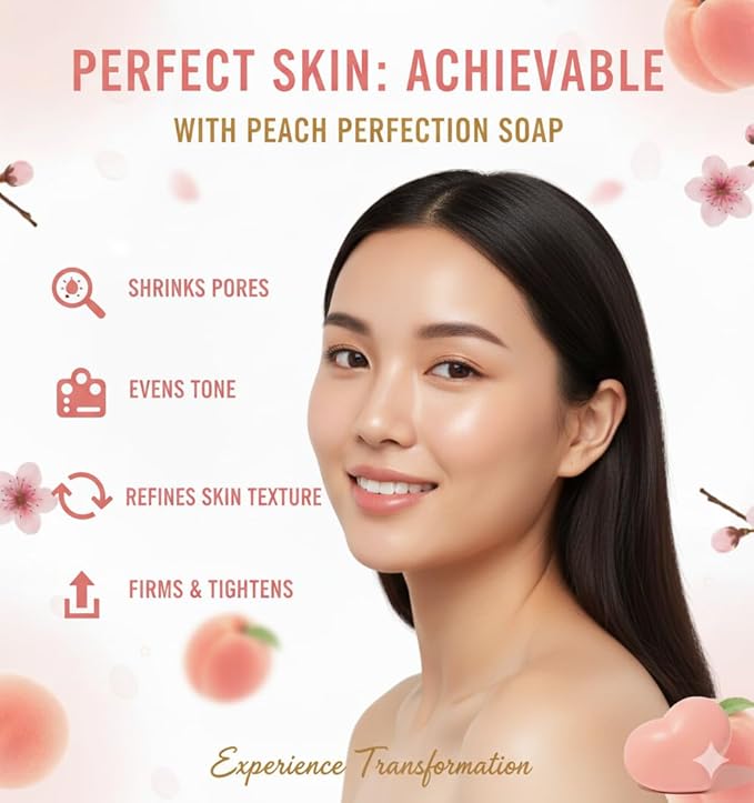 Korean Brightening & Firming Peach Soap, Tightens, Exfoliates, Smooths, and Perfects, with Fruit Acids, Natural Arbutin, & Walnut, Sensitive Skin Safe, Fades Spots, Cellulite and Stretch Marks, 3-Pack