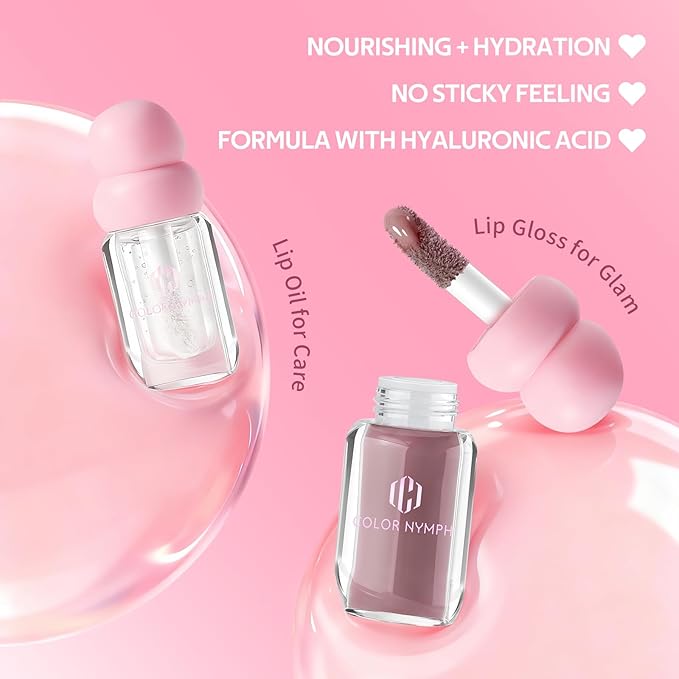 Color Nymph Lip Oil & Lip Gloss Set, Hydrating Non-Sticky Lip Makeup, Nourishing Lip Care with Jojoba Oil & Hyaluronic Acid, Glossy Pigmented Finish, #06 Dark Coffee