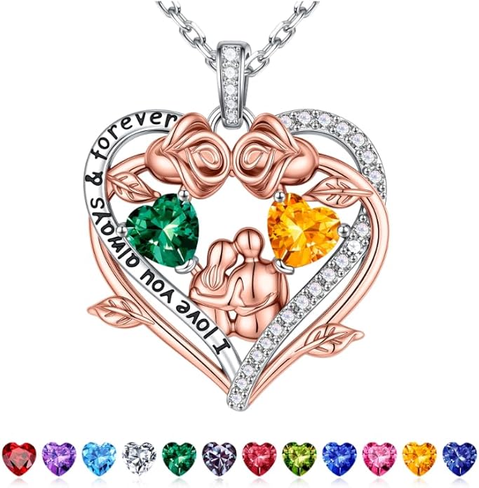 Iefil Valentines Gifts for Her Wife - 925 Sterling Silver Double Heart Birthstone Necklace, Anniversary Birthday Gifts for Women Wife Girlfriend