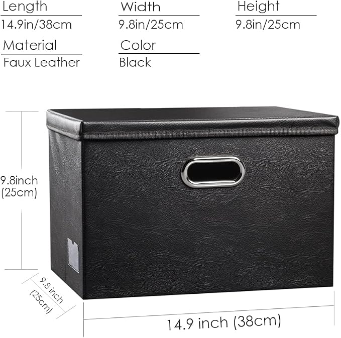 Collapsible Storage Bins with Lids [3-Pack] Leather Fabric Foldable Storage Boxes Organizer Containers Baskets Cube with Cover for Bedroom Closet Office Nursery Black (14.9x10.8x10)