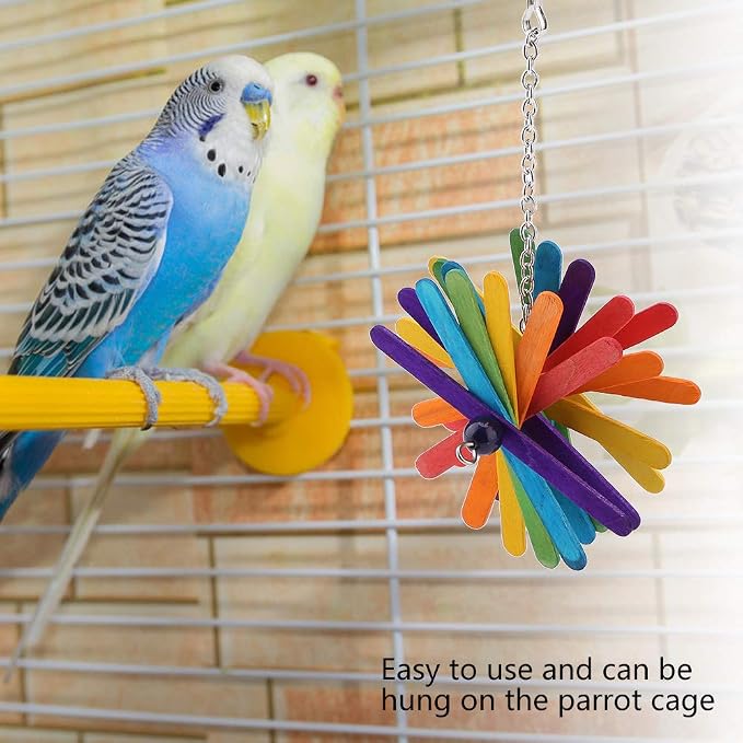 Colorful Interactive Bird Chew Stick Toy, Hanging Wooden Chew Toy for Parrots, Parakeets, Cockatiels, Conures, Lovebirds, 8.7x4.7in