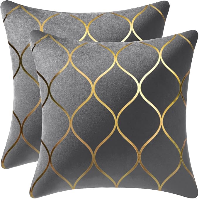Gold Velvet Throw Pillow Covers: 2 Pack 24x24 Inch Square Decorative Pillow Cases for Bedroom Sofa Couch Living Room, Light Grey