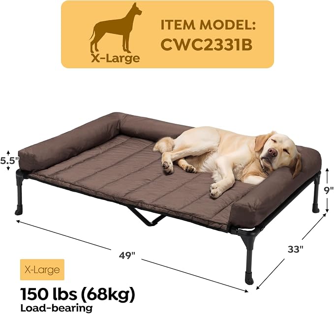 Veehoo Outdoor Elevated Dog Bed with Waterproof Bolster Cushion, Cooling | Raised Dog Bed with Removable & Washable Mat Topper, Breathable Mesh, Dog Couch Cot for Indoor Outdoor, 49", Large, Brown