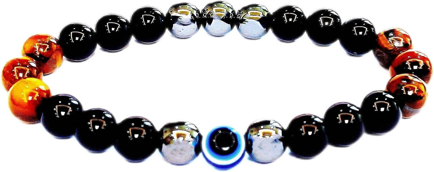 Evil Eye with Hematite Black Obsidian Tiger Eye Stone Triple Protection Bracelets for Men Women, Crystal Healing Stone Bracelet Bring Luck Prosperity and Happiness Jewelry