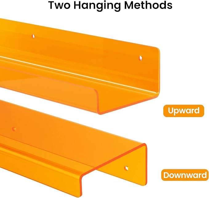 upsimples 4 Pcs 15" Acrylic Shelves for Wall Decor and Display, Orange | Cute Floating Shelf for Perfume, Skincare, Nail Polish, Wall Organizer for Bedroom, Living Room, Playroom, Room Décor