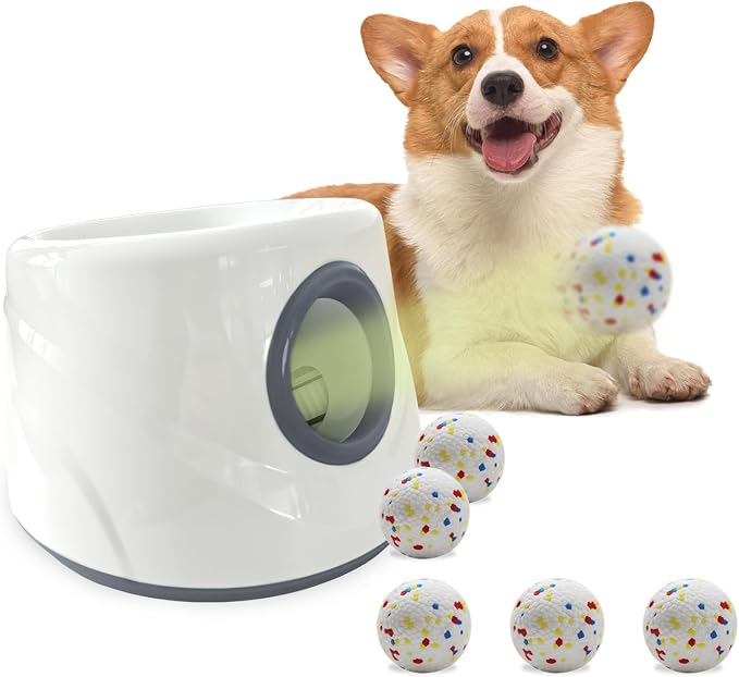 Automatic Ball Launcher for Dogs ，The Upgraded Premium Ball Thrower Adjustable Distance 20-45ft Including 6 PCS 2.3-inch Sized ETPU Balls, Interactive Dog Toys Suitable for Small to Medium Sized Dogs