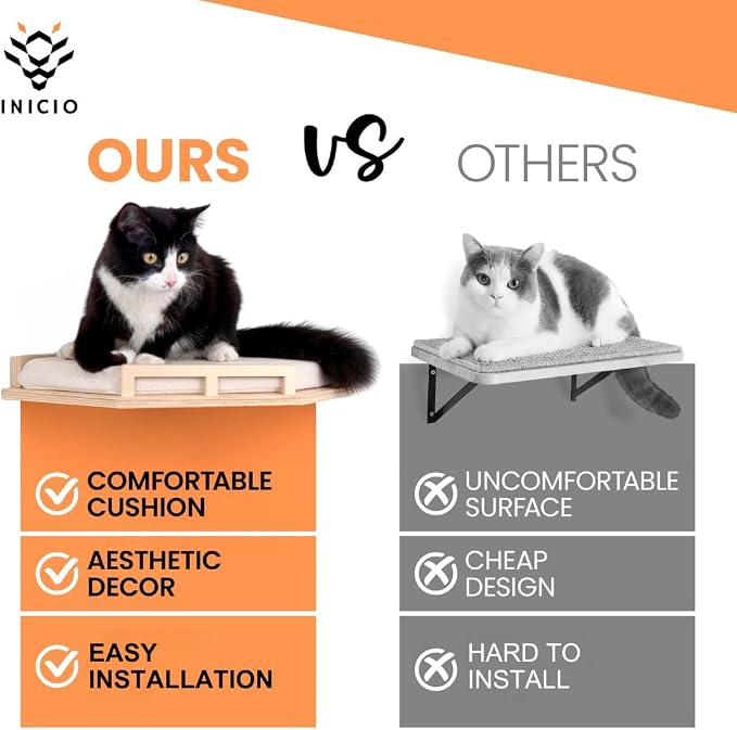 INICIO Cat Wall Shelves - Corner Shelf with Cushion and 3 Cat Wall Steps | Sturdy Cat Shelves for Wall - Stairs & Perch for Indoor Cats up to 15lbs - Natural Birch Wood for Safe Climbing and Playing