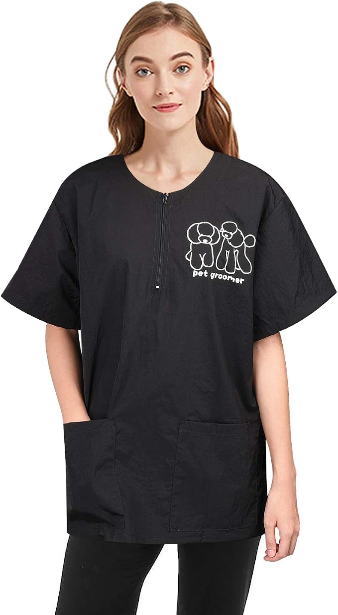 Noverlife Unisex Pet Grooming Smock & Pants, Splash Proof & Hair Repellent | Black, Anti-Static Dog Cat Grooming Workwear Clothes with Pockets, Hair Repellent Working Shirt & Trousers for Pet Groomer