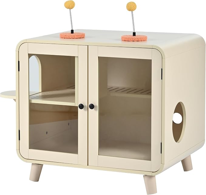 TV-Style Cat Cabinet with Side Steps, Litter Walkway, Dual Glass Doors, RGB Ambient Lighting, Interactive Pom-Pom Toys, Indoor Cat House Side Table, MDF & Glass Construction, Beige