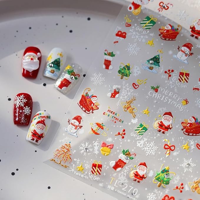 Christmas Nail Stickers for Nail Art, 5D Embossed Self-Adhesive Snowflake Socks Nail Decals, Mushroom Nail Supplies Nail Art Design Accessories for Women and Girls Manicure DIY Decoration