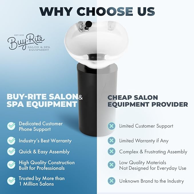 Buy-Rite Paris Pedestal Shampoo Unit with Black Metal Base with Tilting Porcelain Shampoo Bowl, Easy Access Rear Plumbing Door, NIN-030BLACKBASE-WHT (White Bowl)