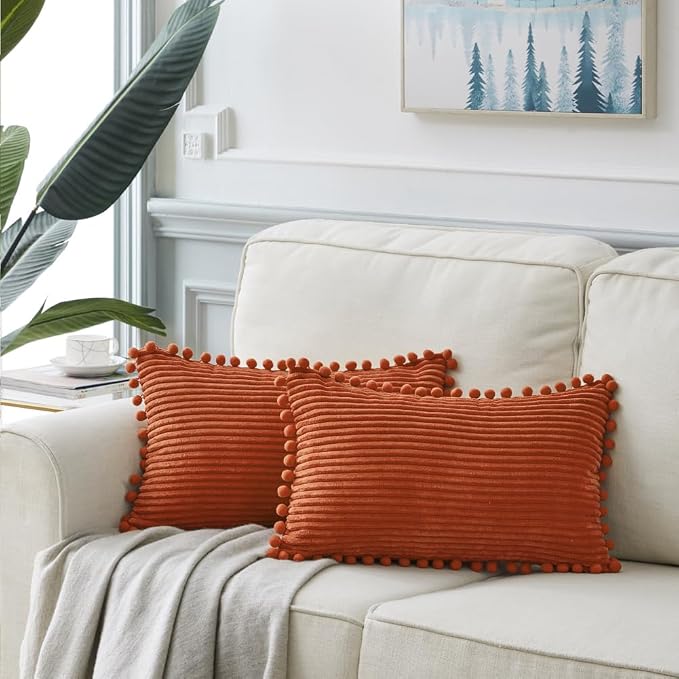 Fancy Homi 2 Pack Burnt Orange Lumbar Decorative Throw Pillow Covers 12x20 Inch with Pom-poms for Couch Bedroom Sofa, Soft Corduroy Rectangle Cushion Case 30x50 cm, Farmhouse Boho Fall Home Decor