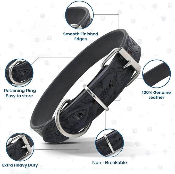 TARICO Genuine Leather Dog Collar with Engraved Floral Design for All Breeds, Heavy Duty Durable Metal Buckle Non Padded Adjustable Pet Collar - Black - Black (XL: Fits 19–23" Necks)