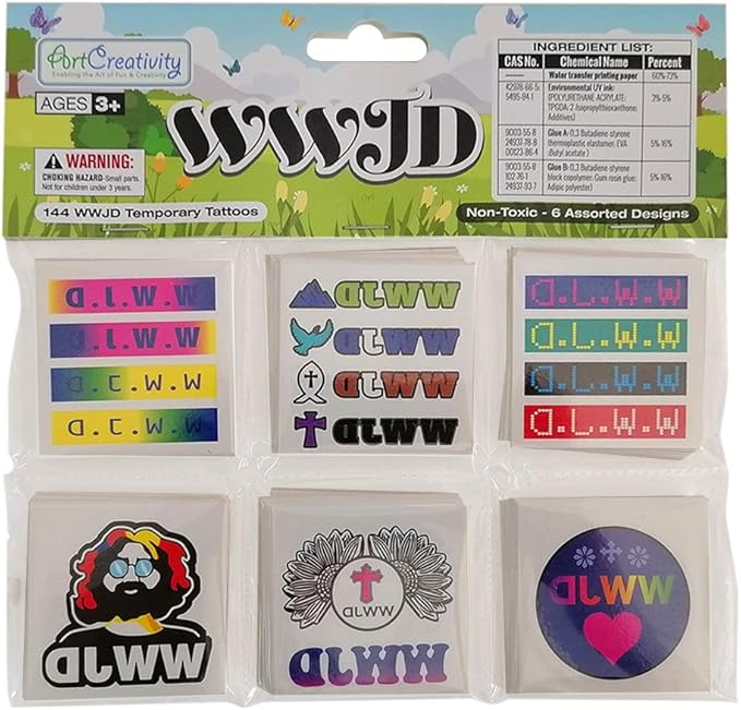 ArtCreativity What Would Jesus Do Temporary Tattoos for Kids - Bulk Pack of 144 Non-Toxic 2 Inch Pre-Cut Jesus Christian Tattoos Stickers - Christian Religious Birthday Party Favors and Goodie Bags