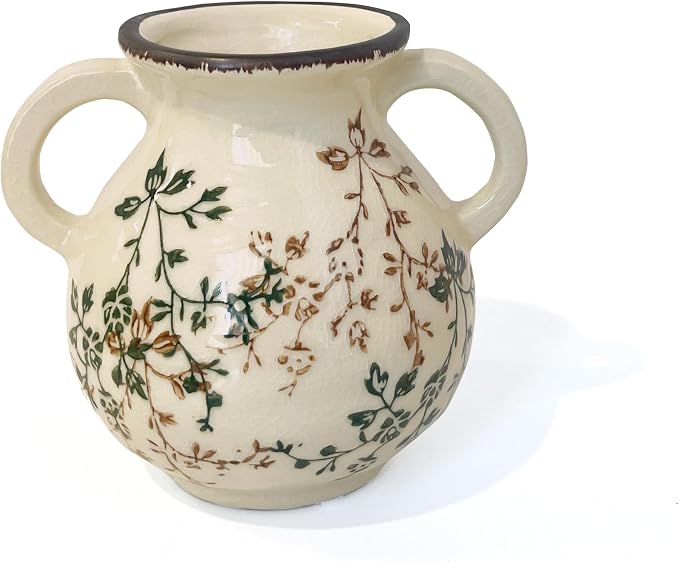 LIFFY Vintage Pastoral Vase with Handles, Retro Ceramic Flower Vase, Green and Beige Rustic Farmhouse Vases Chinoiserie Floral Large Vase for Home Decor, Living Room, Kitchen, Bedroom 6.3 Inch