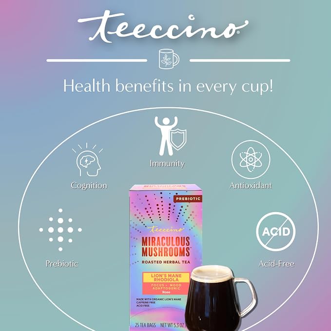 Teeccino Lion’s Mane Rhodiola Rose Mushroom Adaptogen Herbal Tea - Caffeine-Free, 3x More Herbs than Regular Tea Bags, Lightly Sweet from Dates & Figs, Prebiotic - 25 Tea Bags