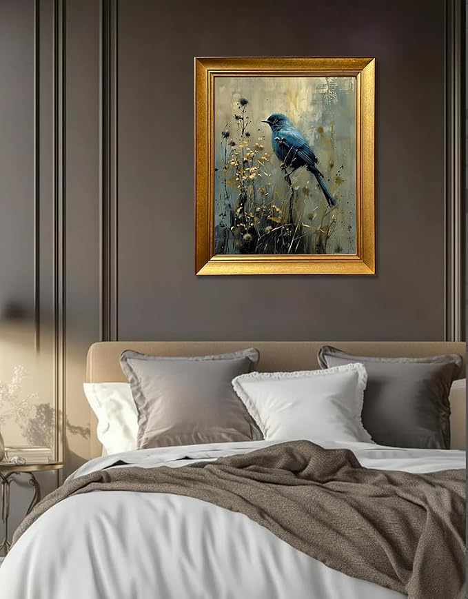 Vintage Blue Bird Canvas Print Gold Framed Wall Decor Dark Cottage Core Farmhouse Wall Art Academia Gothic Aesthetic Moody Botanical Woodland Oil Painting Artworks for Bedroom Living Room Decor