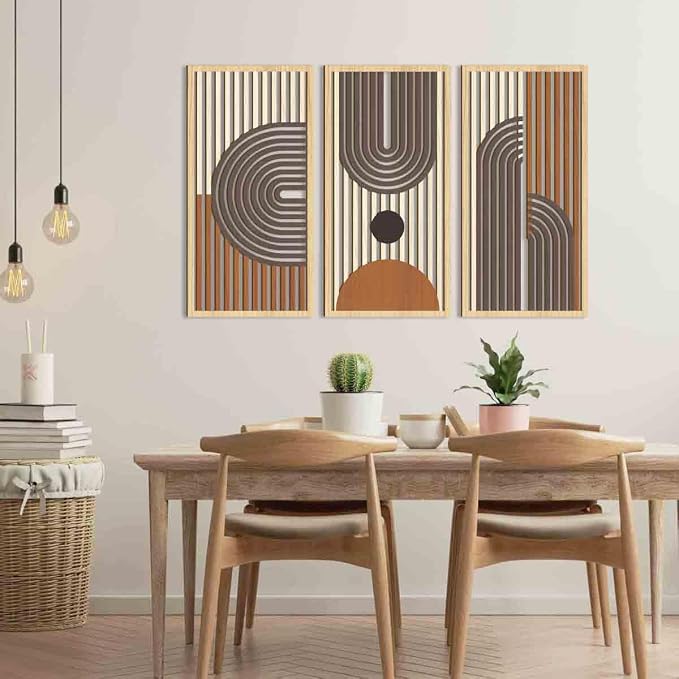 IARTTOP Mid Century Modern Decor 16x32 Inch Large Boho Wood Wall Art Abstract Wooden Wall Decor Minimalist Bohemian Orange Artwork for Living Room Bedroom Office Set of 3