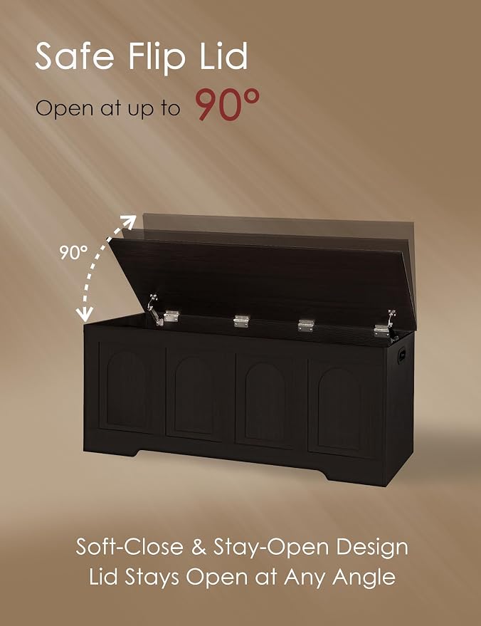 Storage Chest, Wooden Toy Box, Espresso 47.2" L | Entryway Shoe Bench, 2 Soft-close Hinges, Finger-safe Flip-Top Lid, Easy Assembly, Farmhouse Large Trunk, Living Room/Bedroom