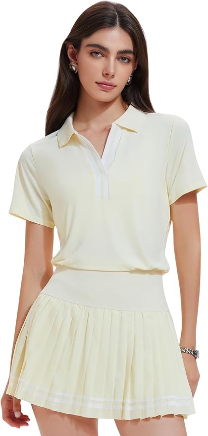 Women 2 Piece Tennis Skirt Set Pleated Golf Outfit, Polo V-Neck Athletic Dress Alternative Skort Set for Pickleball Pockets