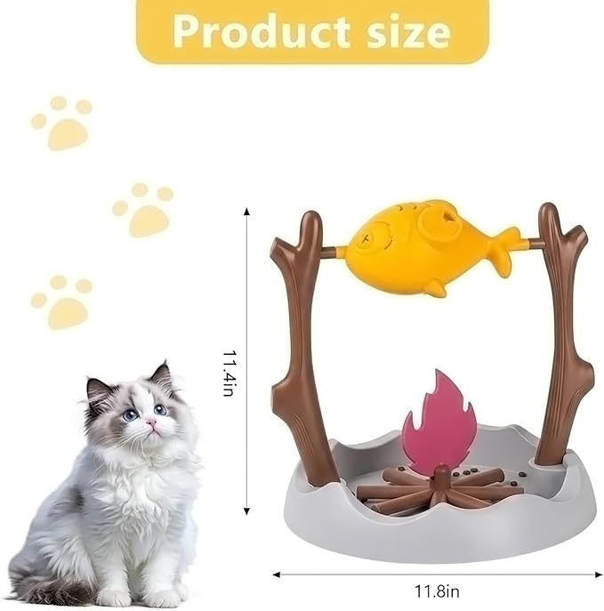 Cat Slow Feeder, Interactive Cat Puzzle Toy Treat Dispenser - BBQ Campfire Grill Design, Adjustable Rotating Fish Flame Mental Stimulation Food Dispensing Toy for Indoor Cats Kittens-Fat Fish